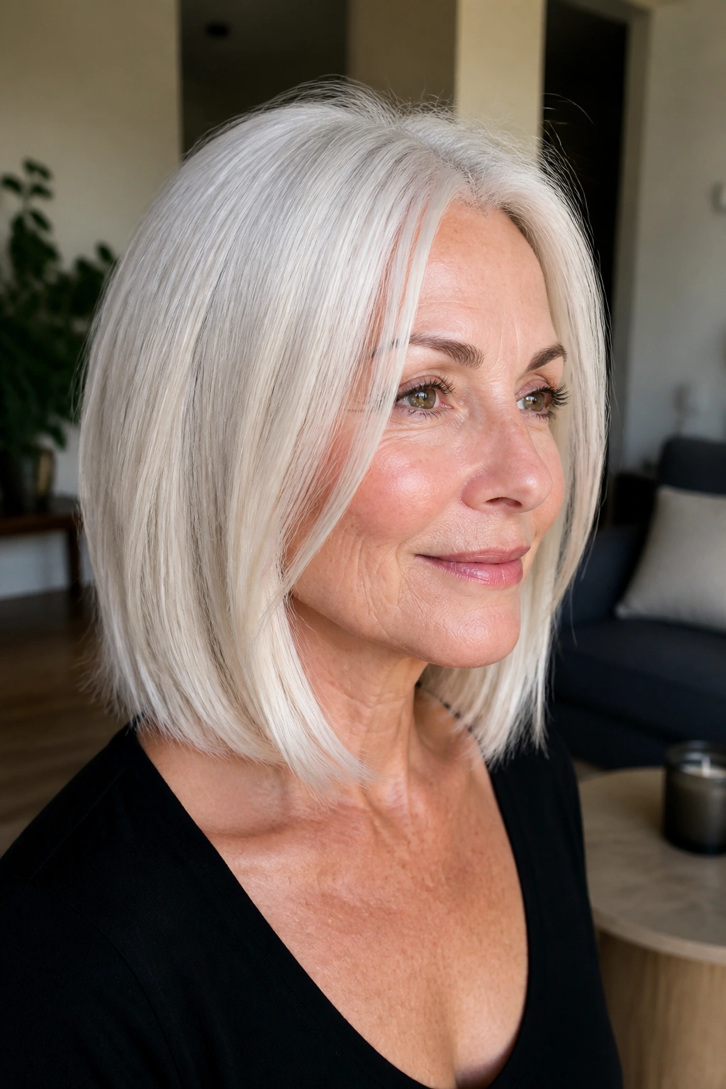 Portrait of a real woman with a collarbone-length white lob for fine hair in soft indoor light.