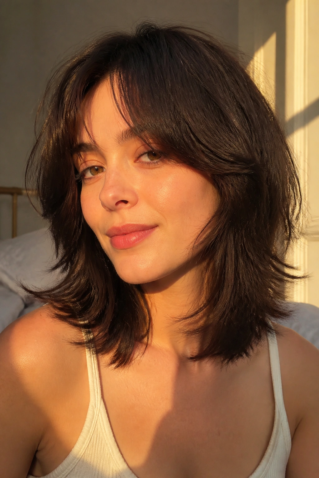 Close-up portrait of a real woman with a soft collarbone wolf cut, collarbone length, crown lift, dense ends