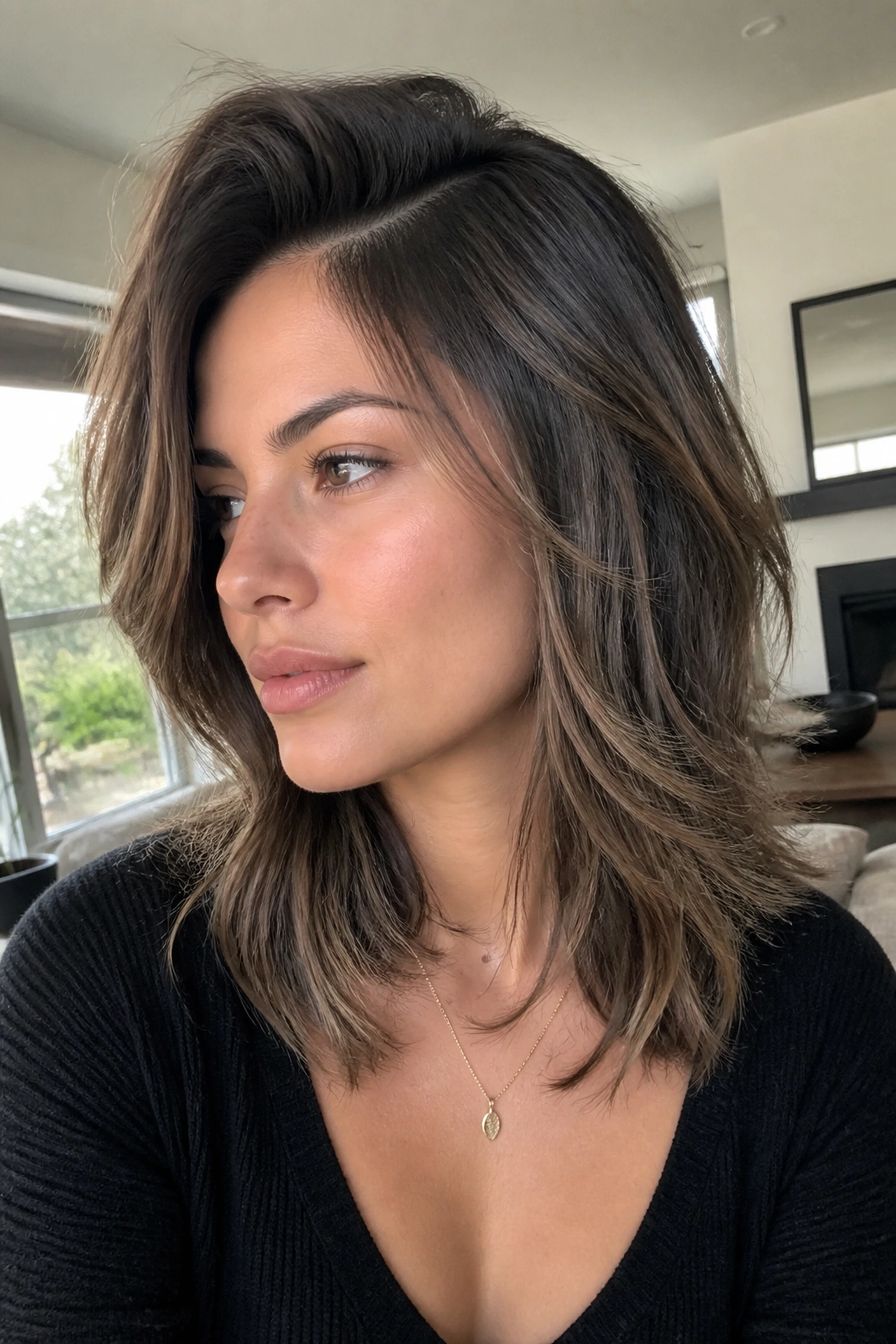 Close-up portrait of a real woman with a collarbone-length wolf cut and deep side part