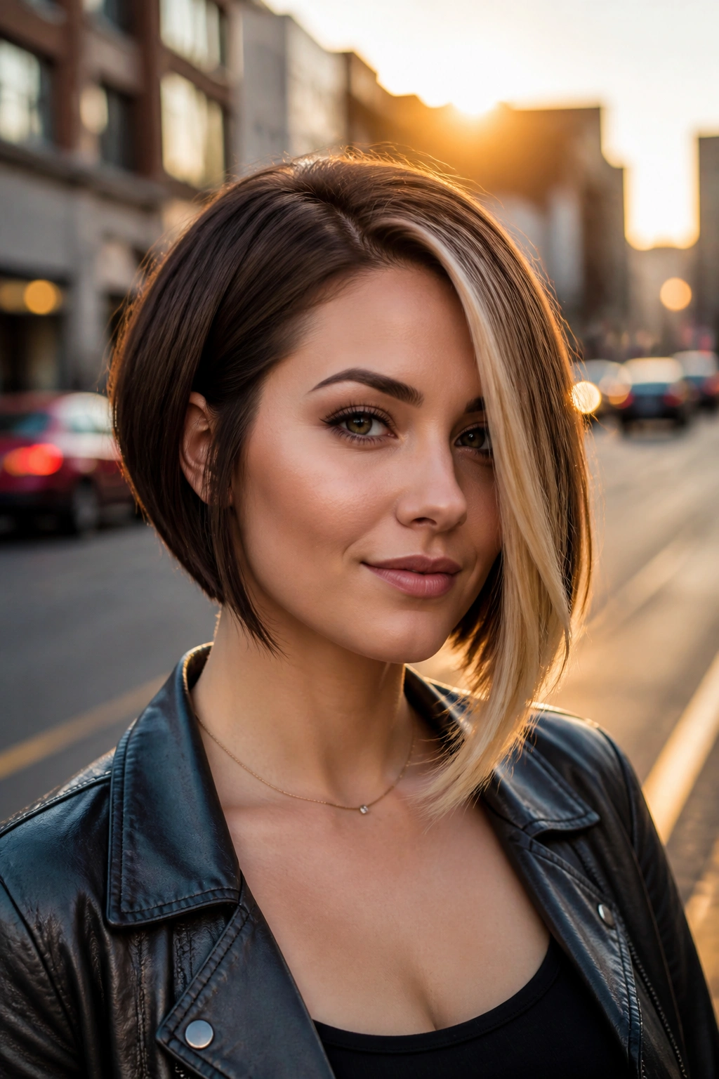 Real woman with color-accented asymmetrical bob showing bright front panel