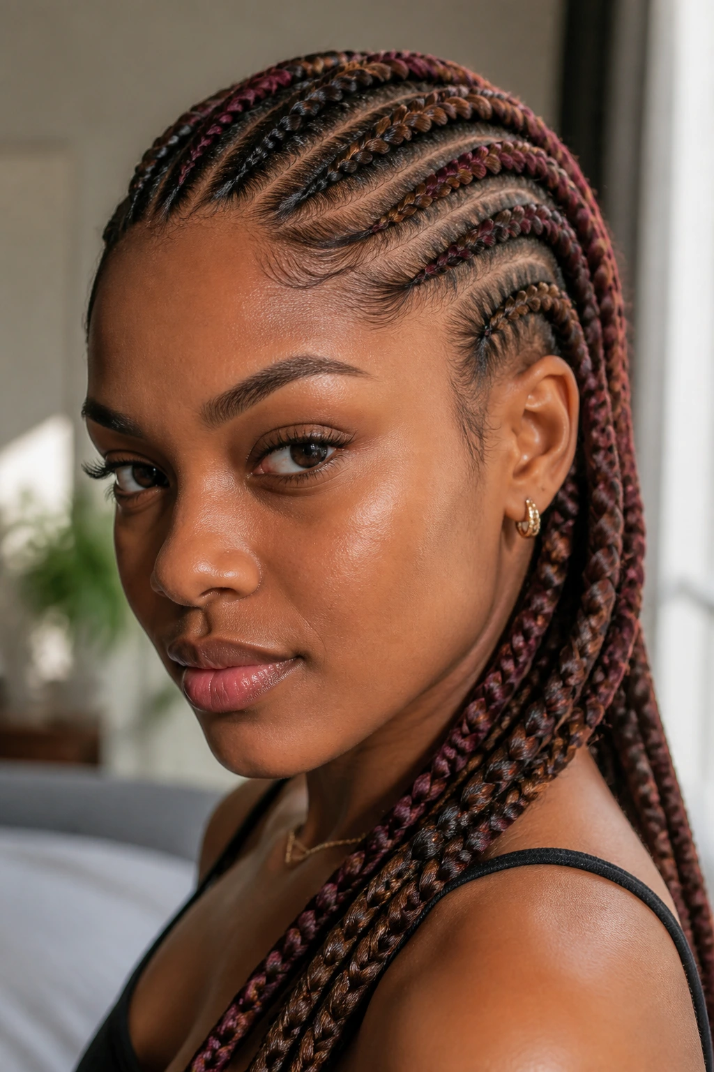 Close-up portrait of a real woman with color-accented cornrows featuring burgundy strands.