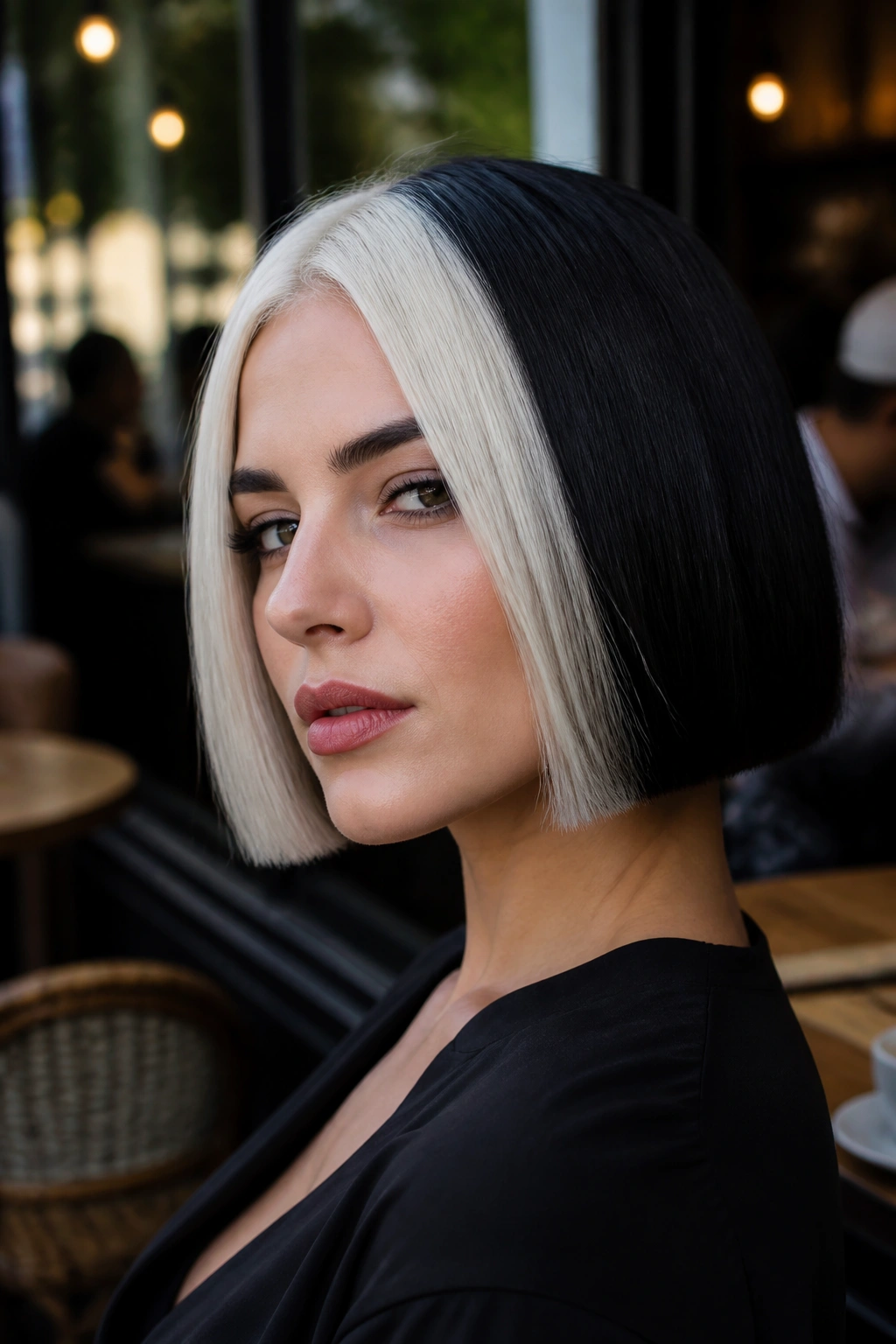 Close-up of a real woman with a graphic black-and-white color block bob.