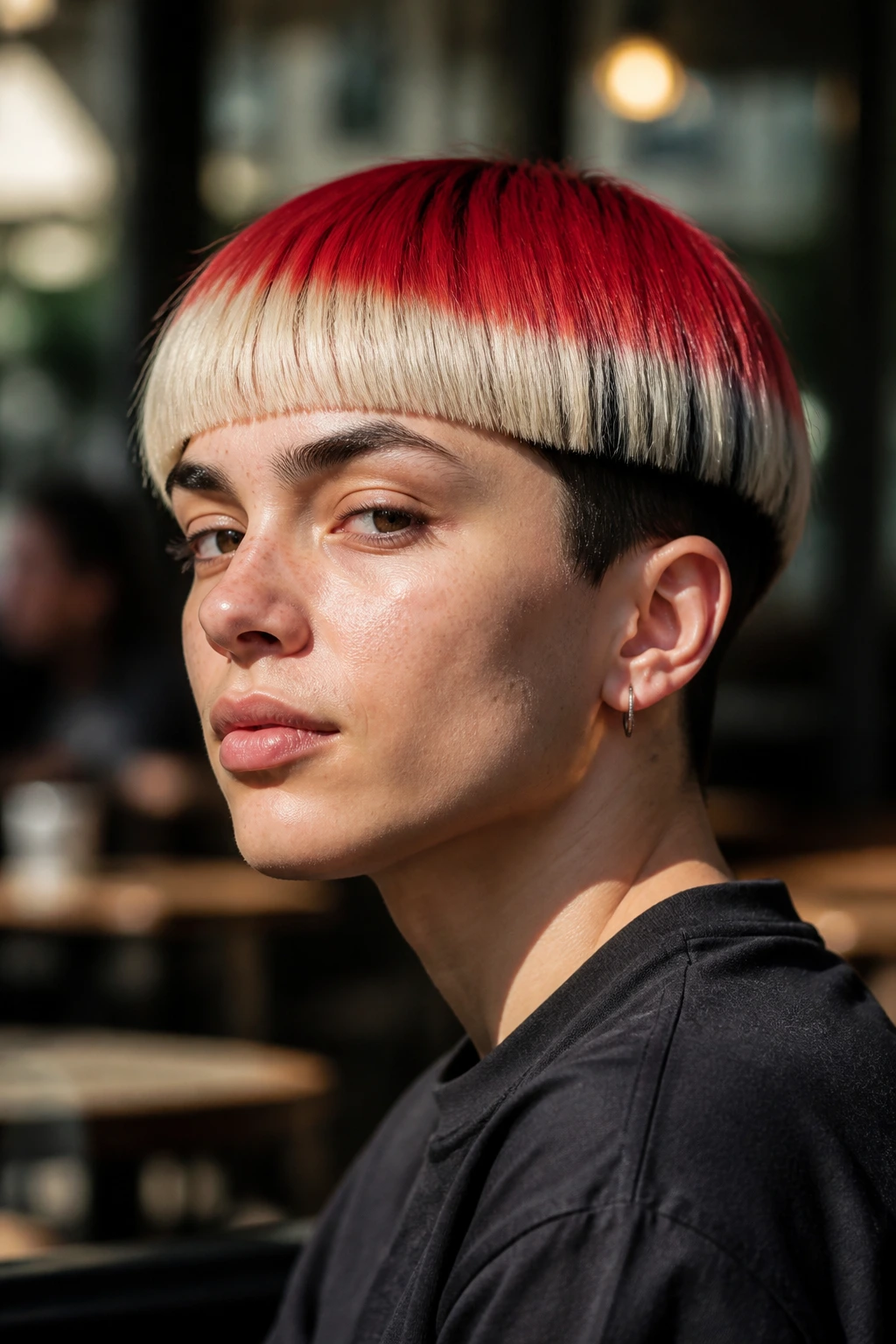 Close-up portrait of a real person with color-block bowl cut showing bold color sections and a sharp bowl outline