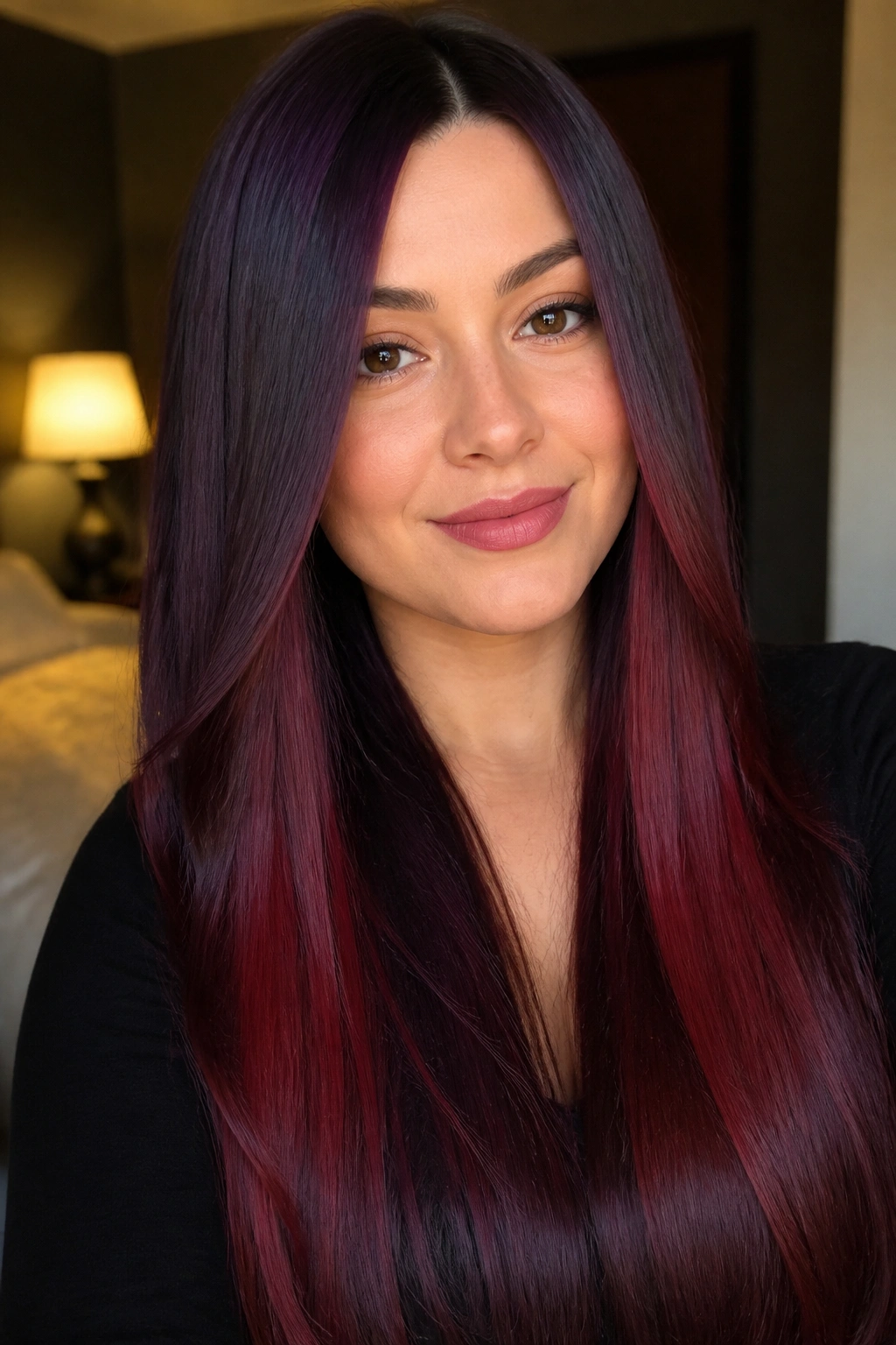 Close-up of a real woman's long hair with vertical blackberry and merlot color blocks