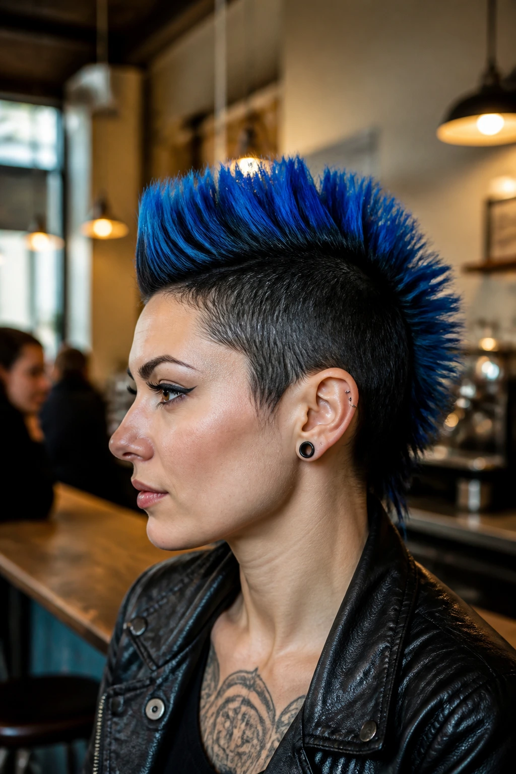 Close-up of a Mohawk with a center electric blue color block against darker sides.