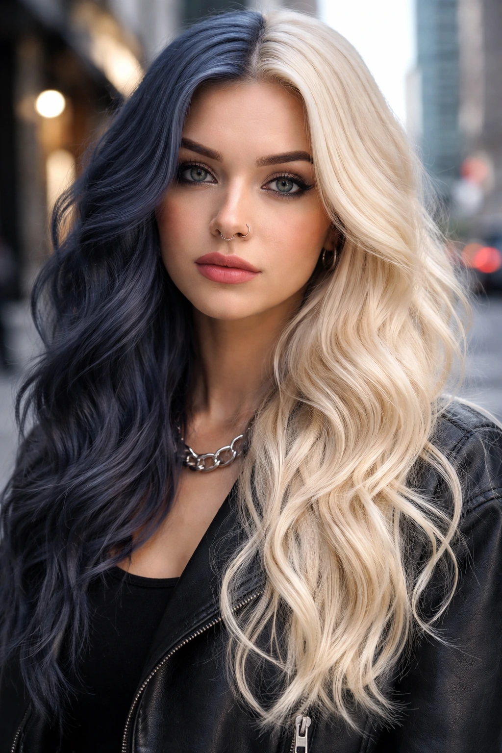 Close-up portrait of a real person with slate blue and creamy blonde color-blocked hair in an urban setting