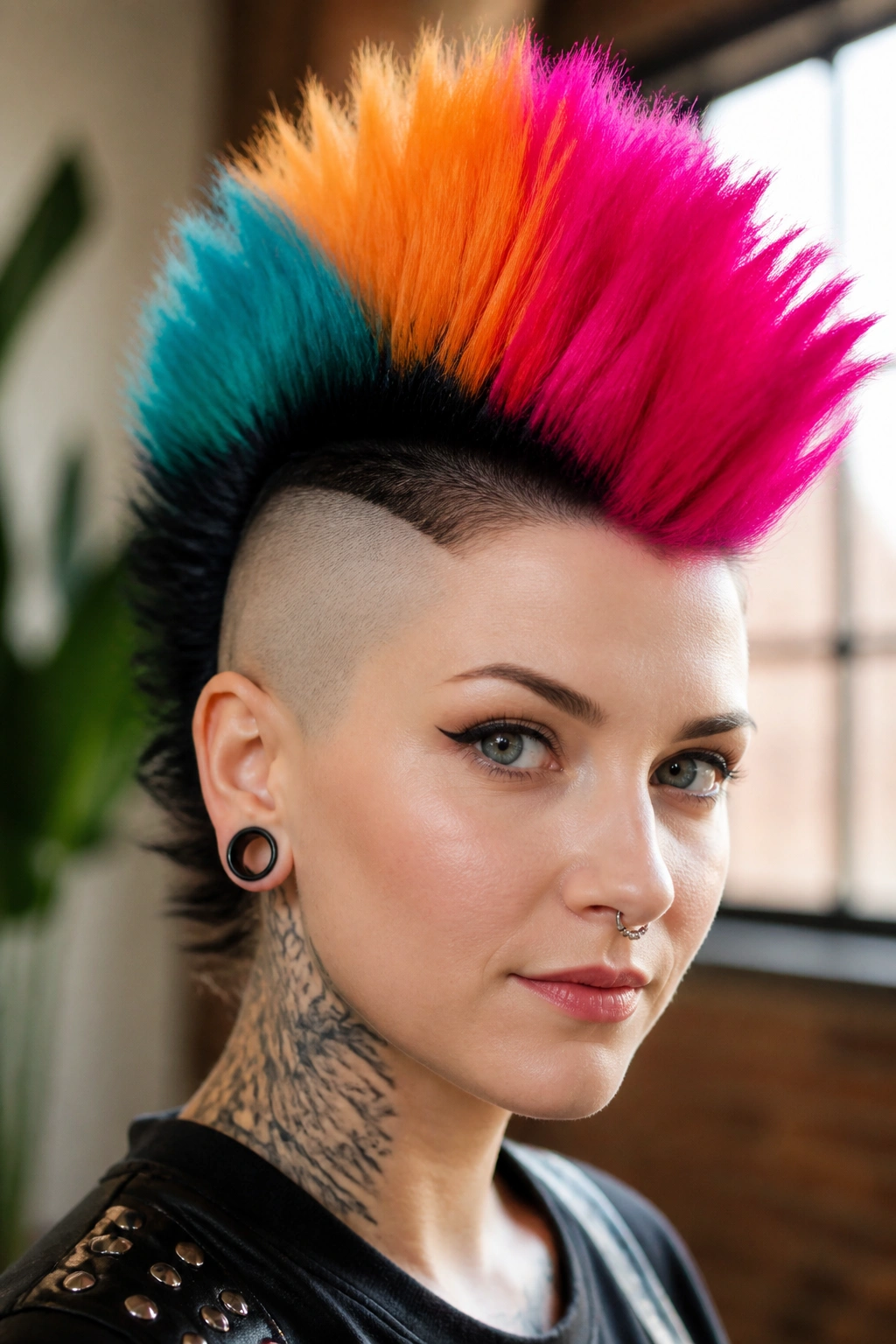 Close-up of color-blocked mohawk with bright panels on real person