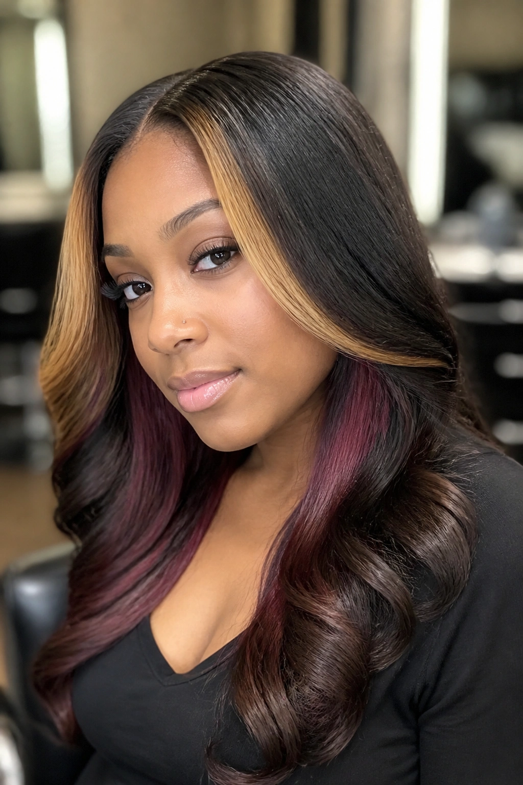 Close-up of a real woman with color-blocked weave and face-framing highlights in honey and burgundy.