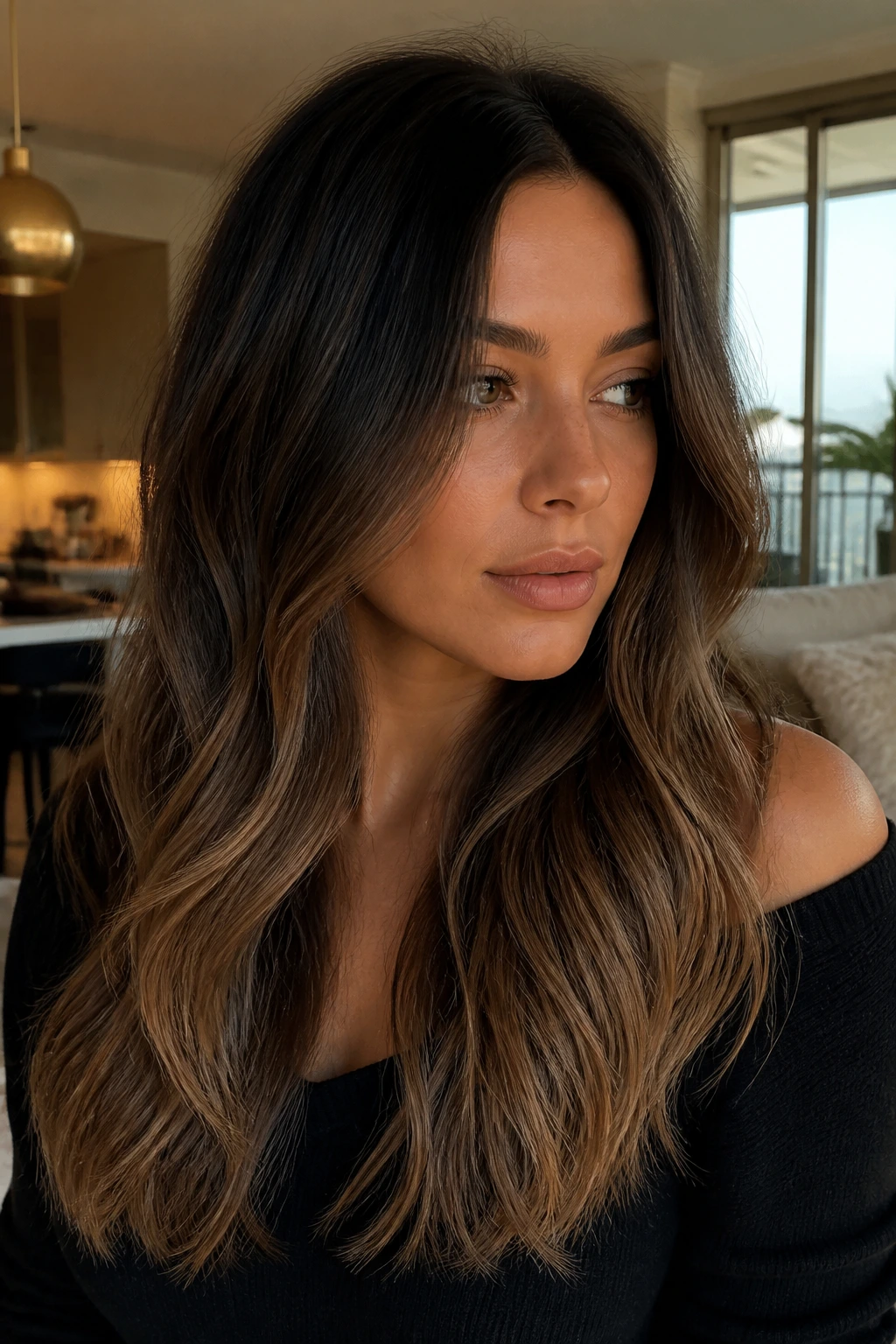 Close-up portrait of a real woman with a seamless espresso to mocha color melt.