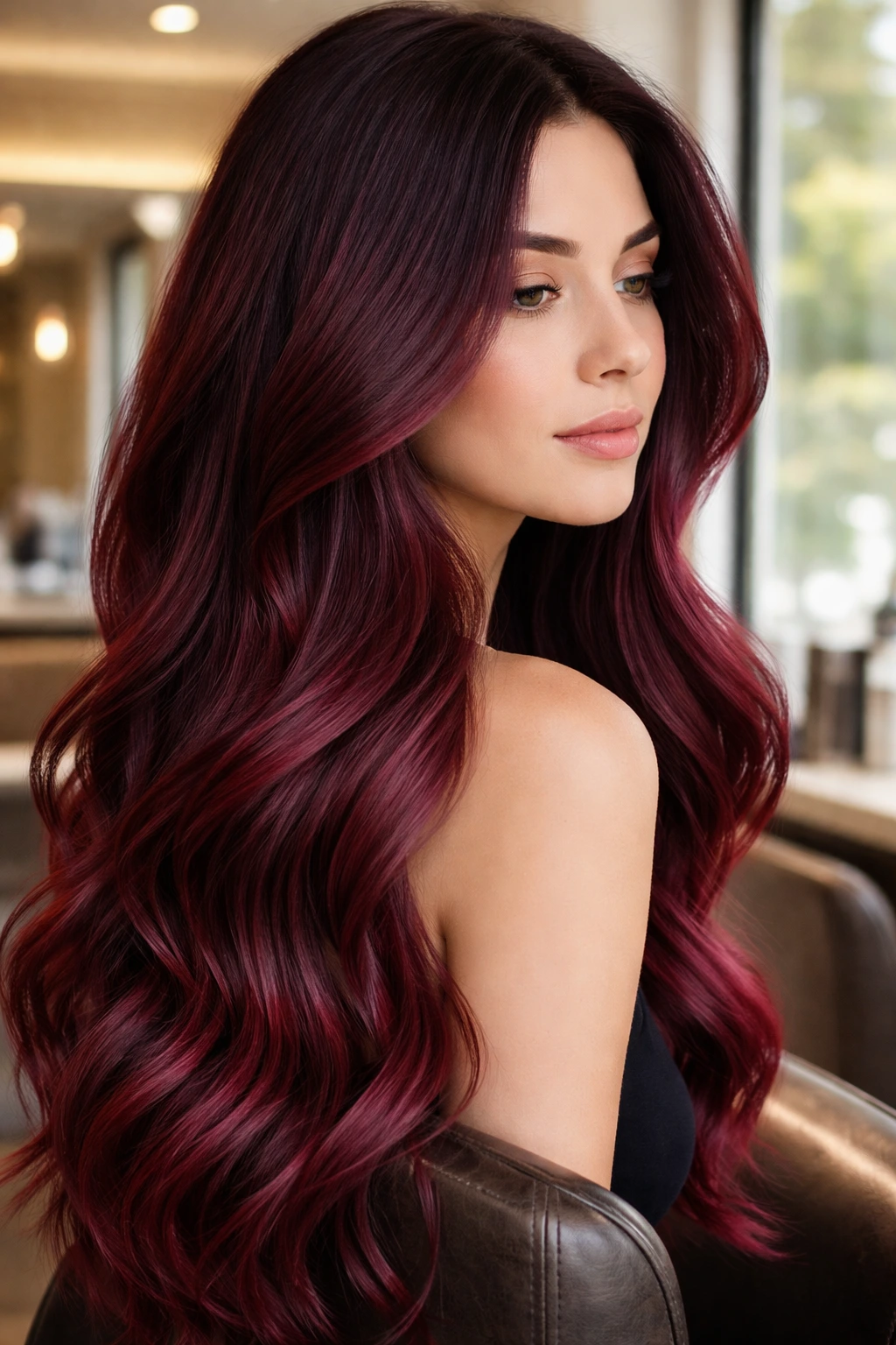 Long hair with wine-stained color melt from root burgundy to cranberry tips.