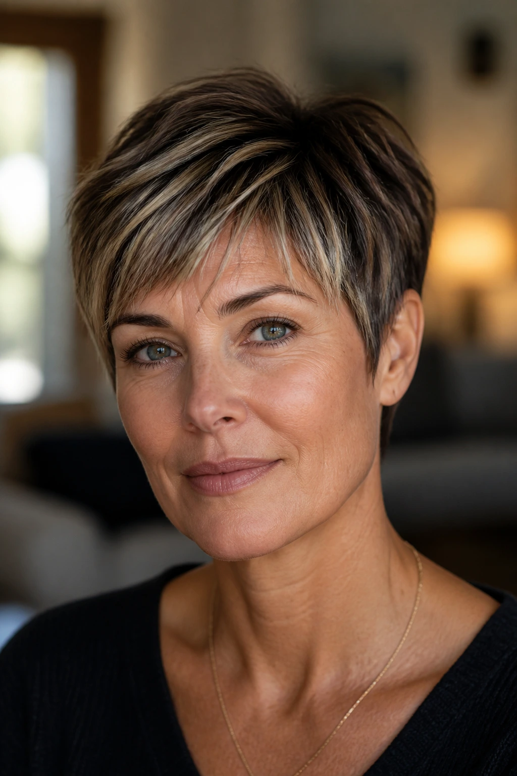 Close-up portrait of a real woman with color-piece pixie, subtle fringe highlights softening jaw.
