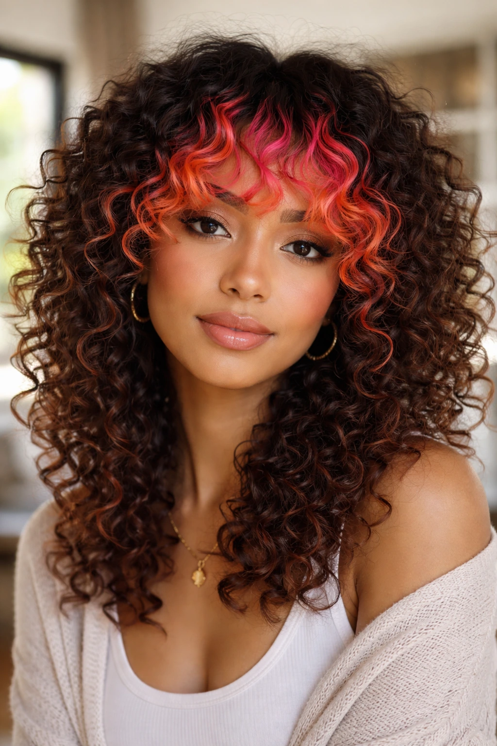 Close-up of neon colored curly fringe on real woman