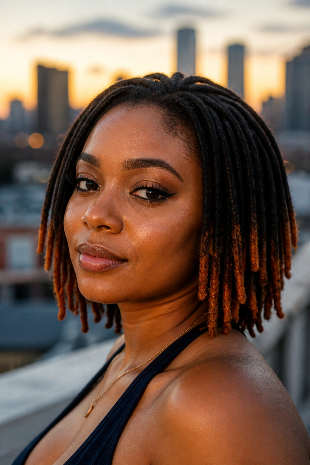 Close-up of real woman with colored ends on short locs at rooftop sunset