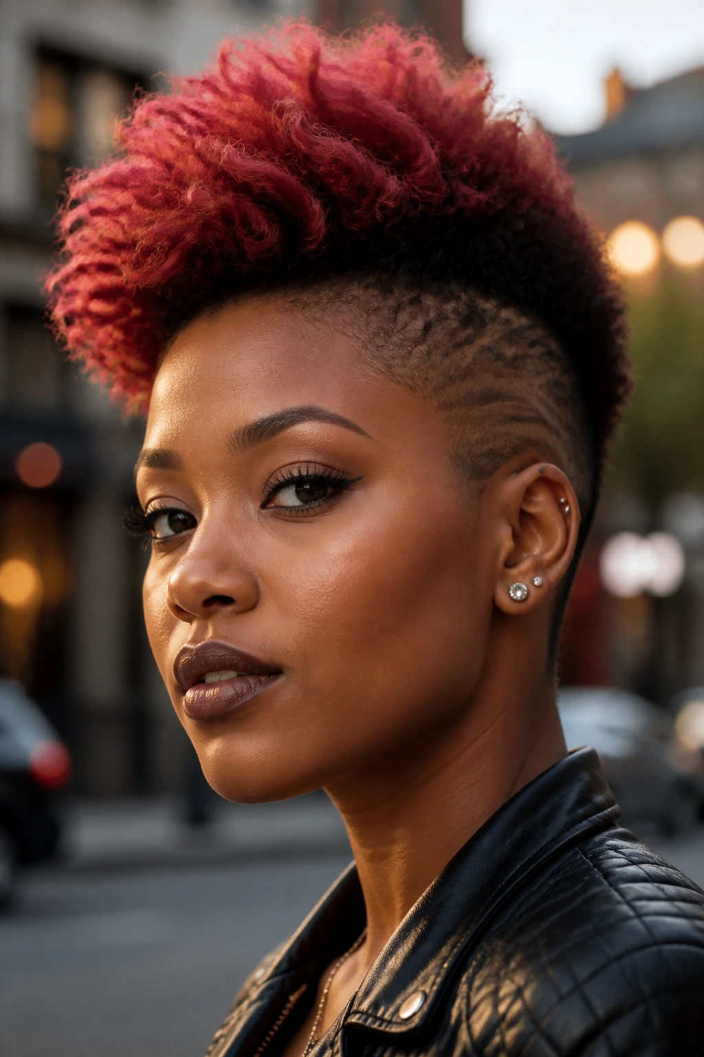Close-up portrait of a real woman with colored faux hawk and tapered sides