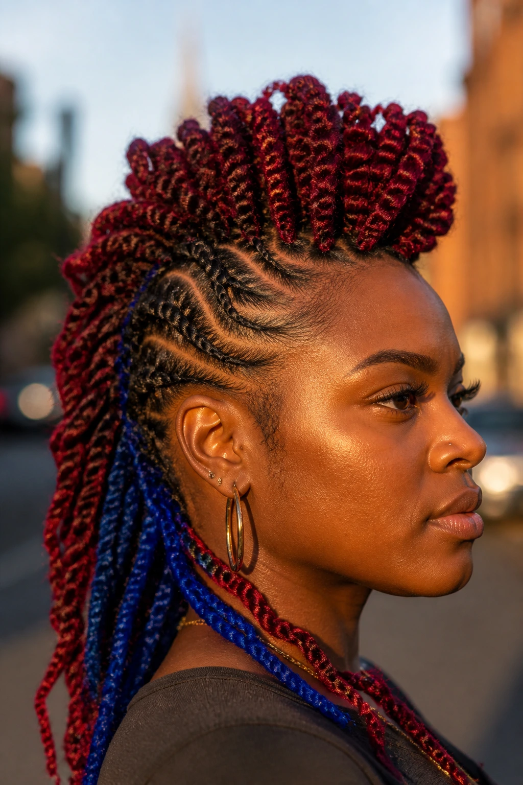 Close-up portrait of woman with bold color passion twist Mohawk in burgundy and blue