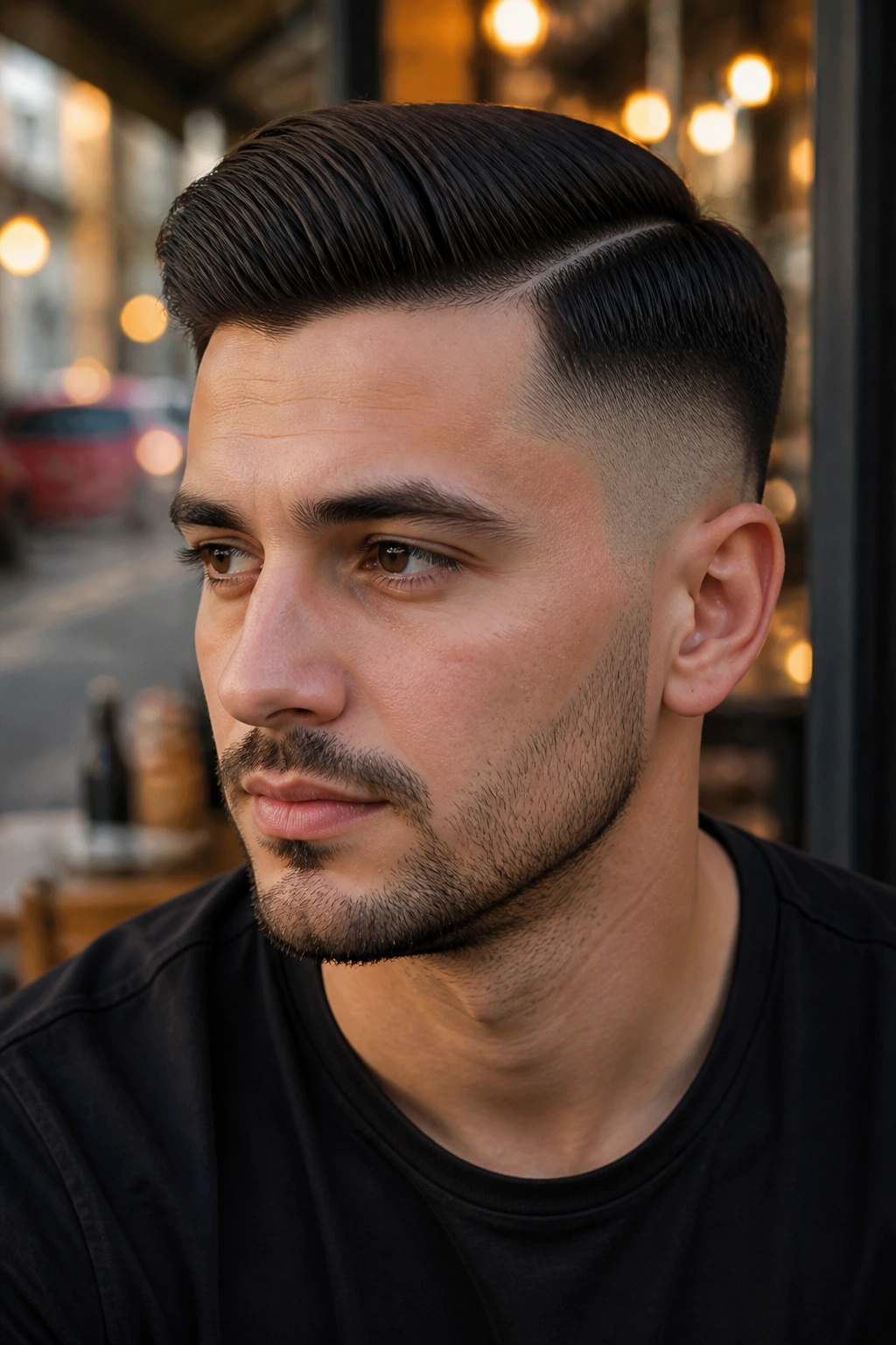 Close-up of man with comb over fade on an urban street