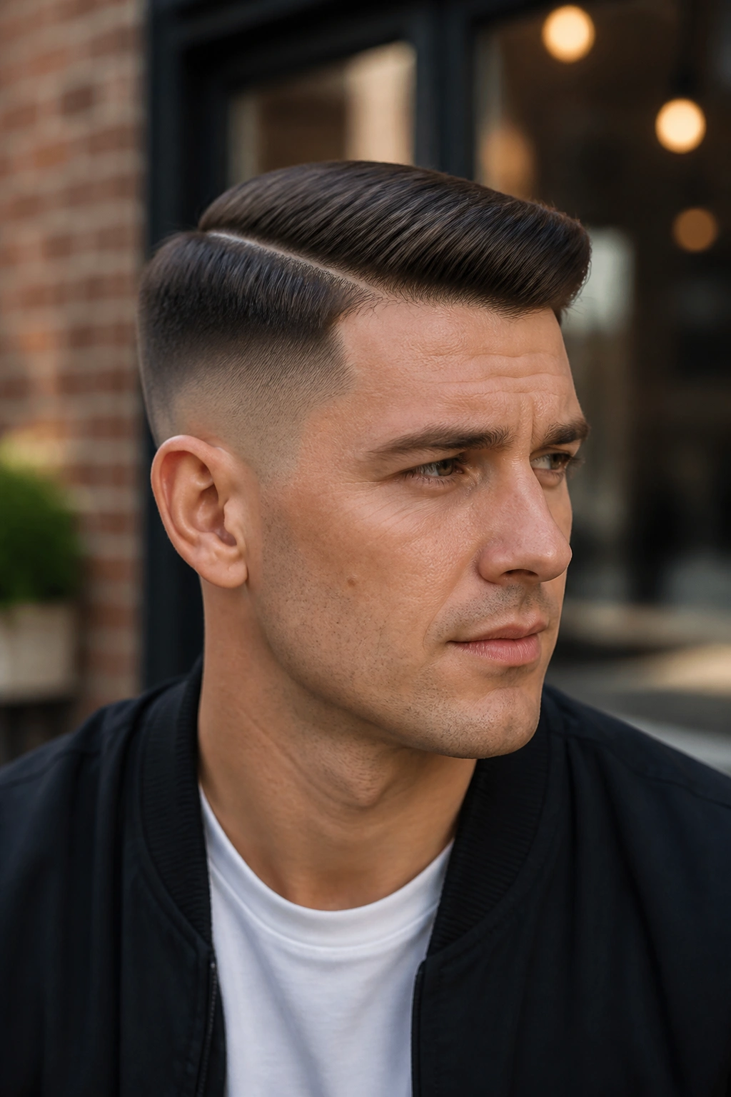 Close-up of a man with a comb over fade hairstyle against a brick backdrop