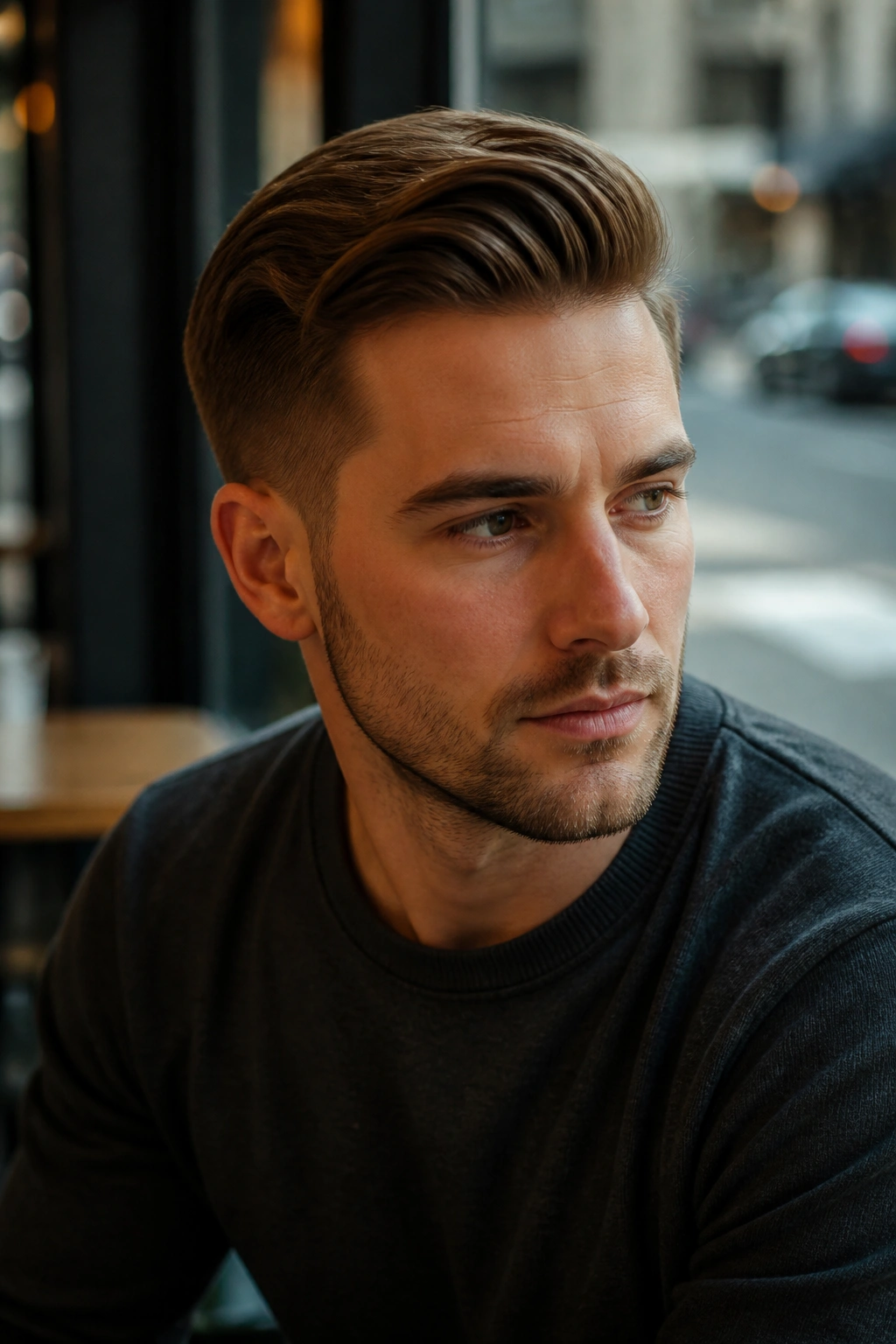 Man with modern comb-over hairstyle in a cafe setting