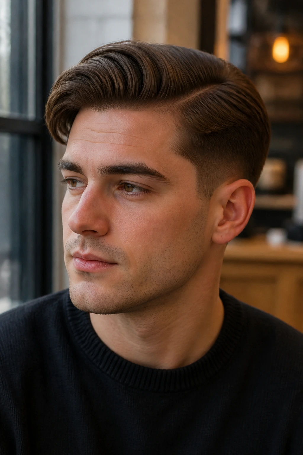 Man with comb-over hairstyle and low taper in a casual setting