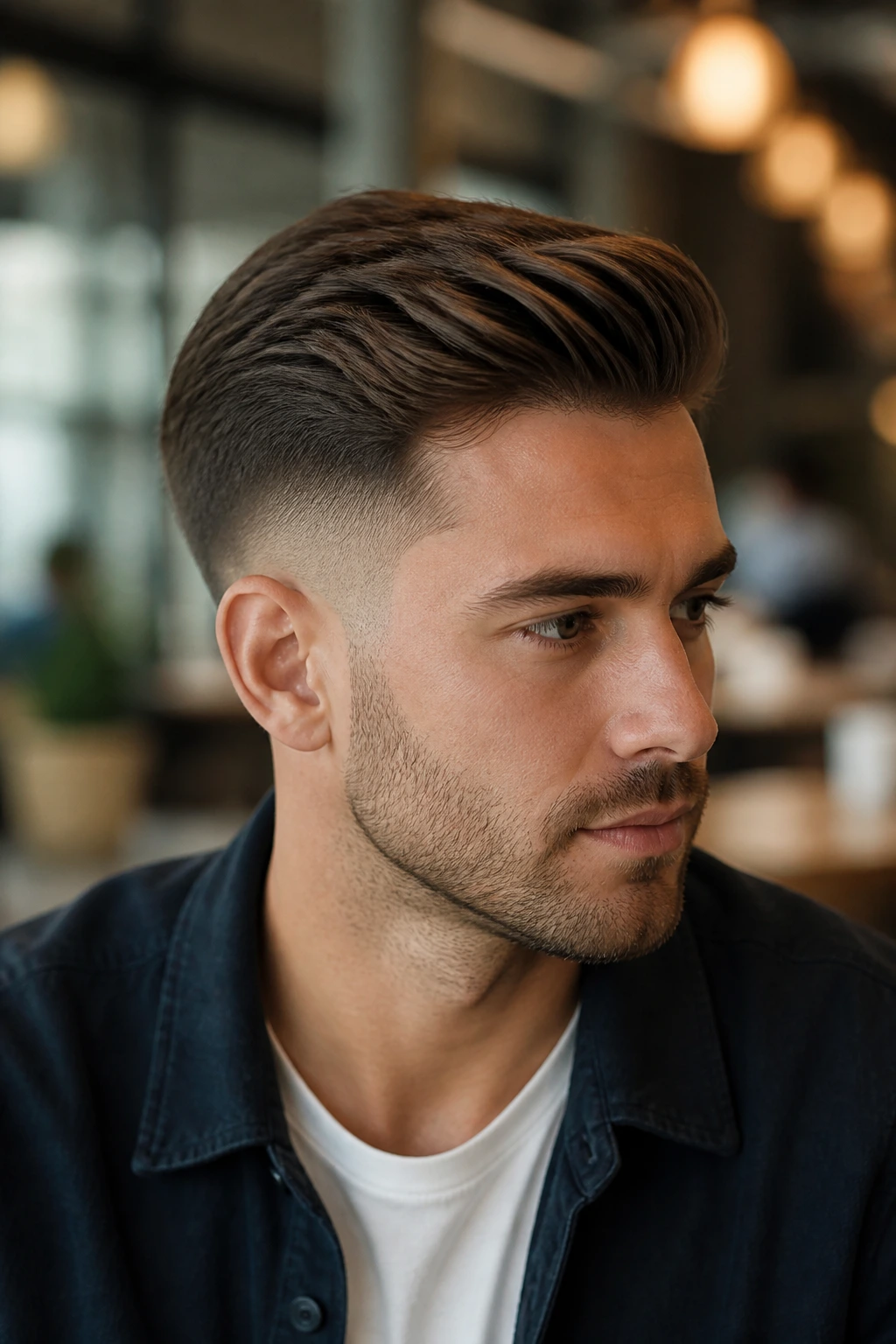 Close-up of a man with textured comb-over and drop fade