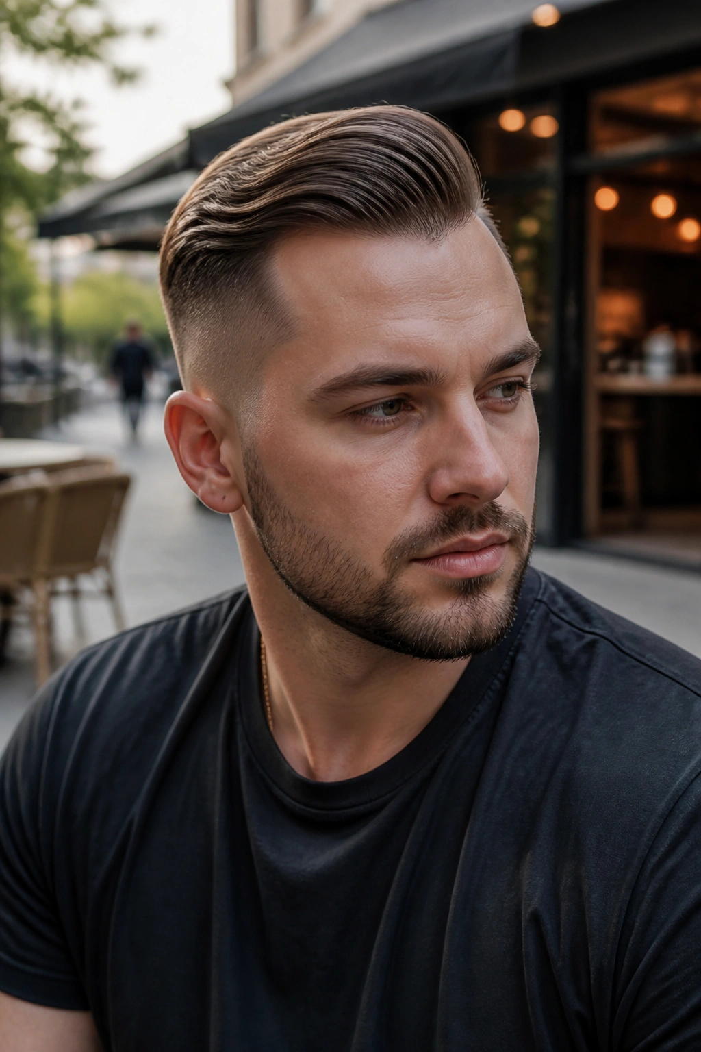Close-up portrait of a person with a comb over undercut on a city street backdrop.