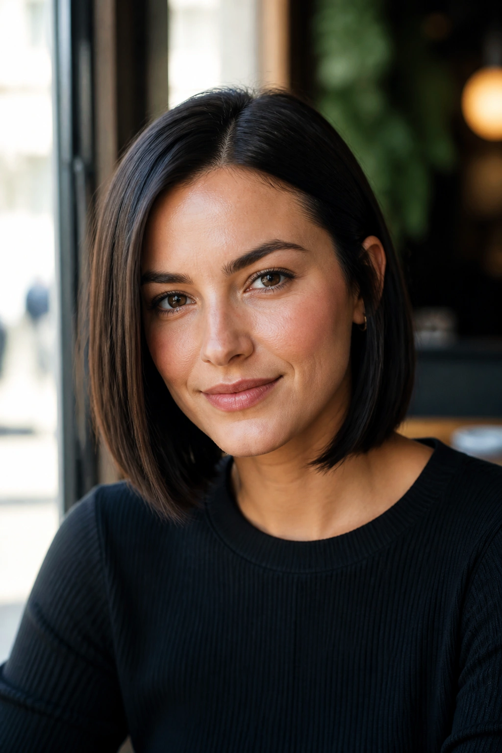 Close-up portrait of a real woman with a compact lob haircut and blunt edge