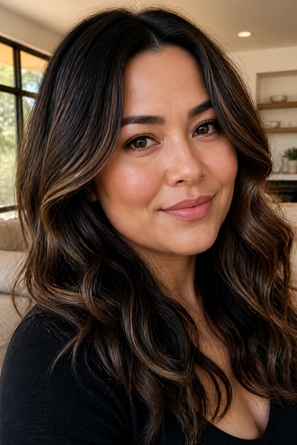 Close-up of a real person with thick waves showing contour highlights on outer curves