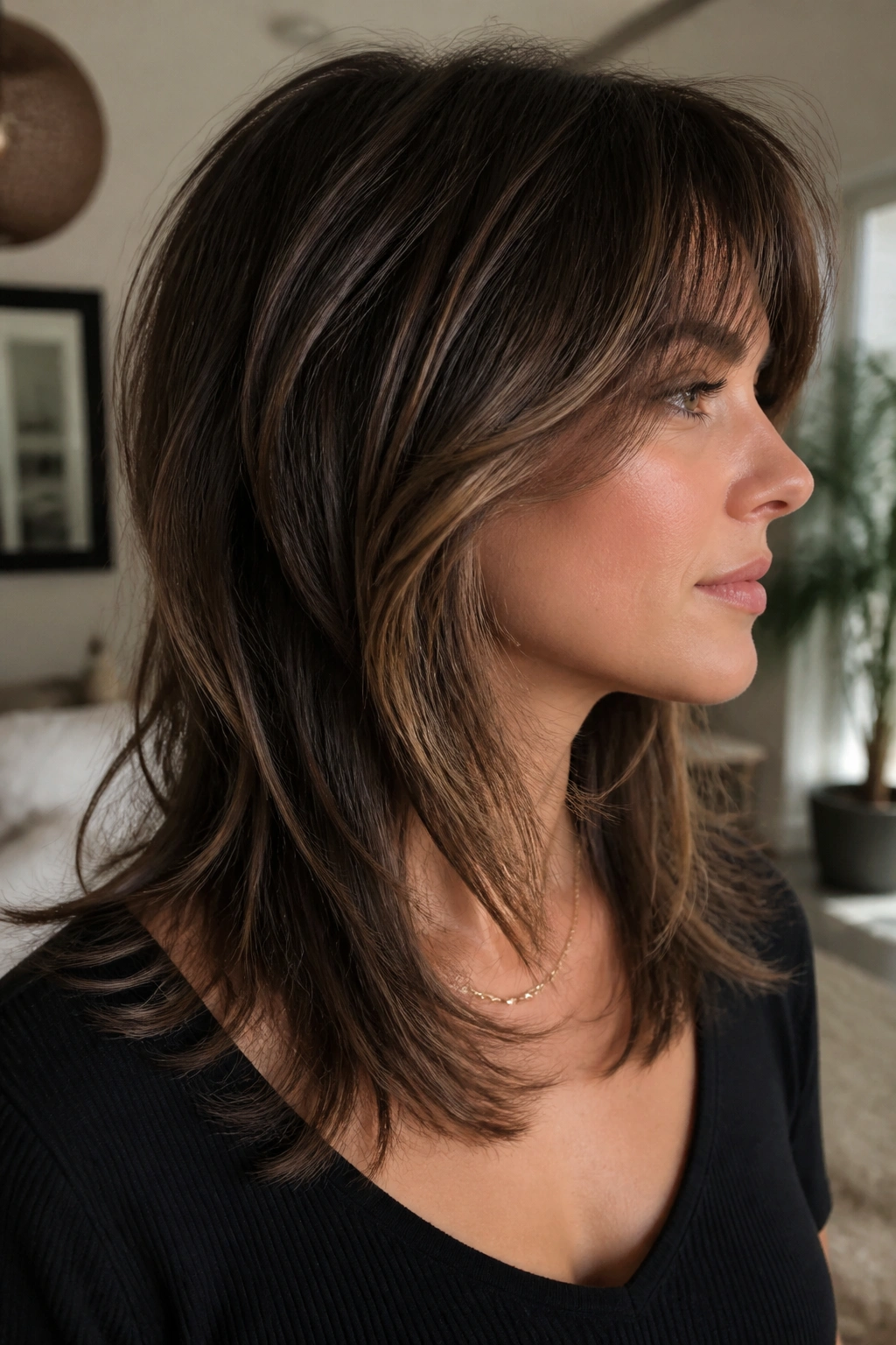 Layered shag with contour highlights framing the face