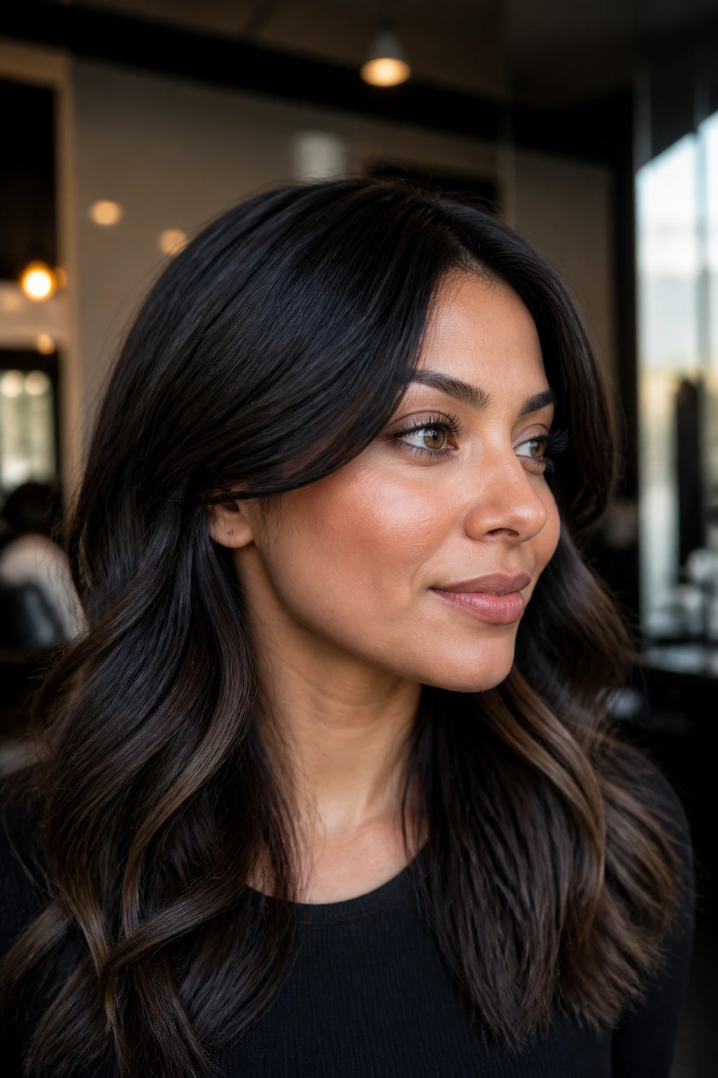 Close-up of real person with contour highlights along the jawline in a salon