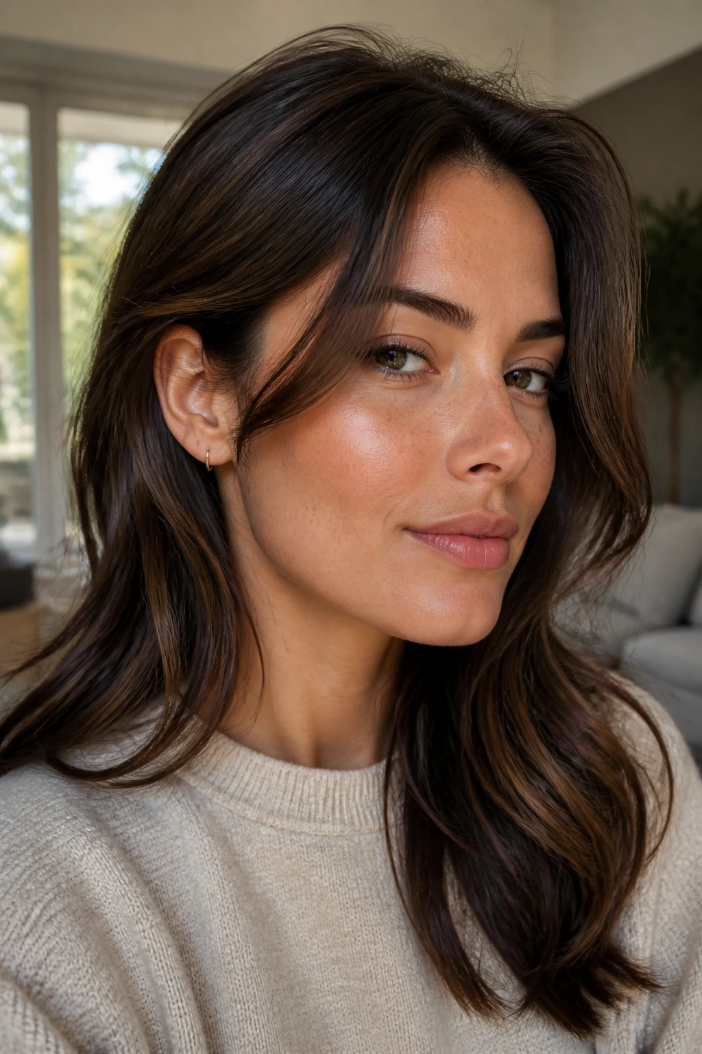Close-up of a woman's face with contour lowlights at temples and jawline.