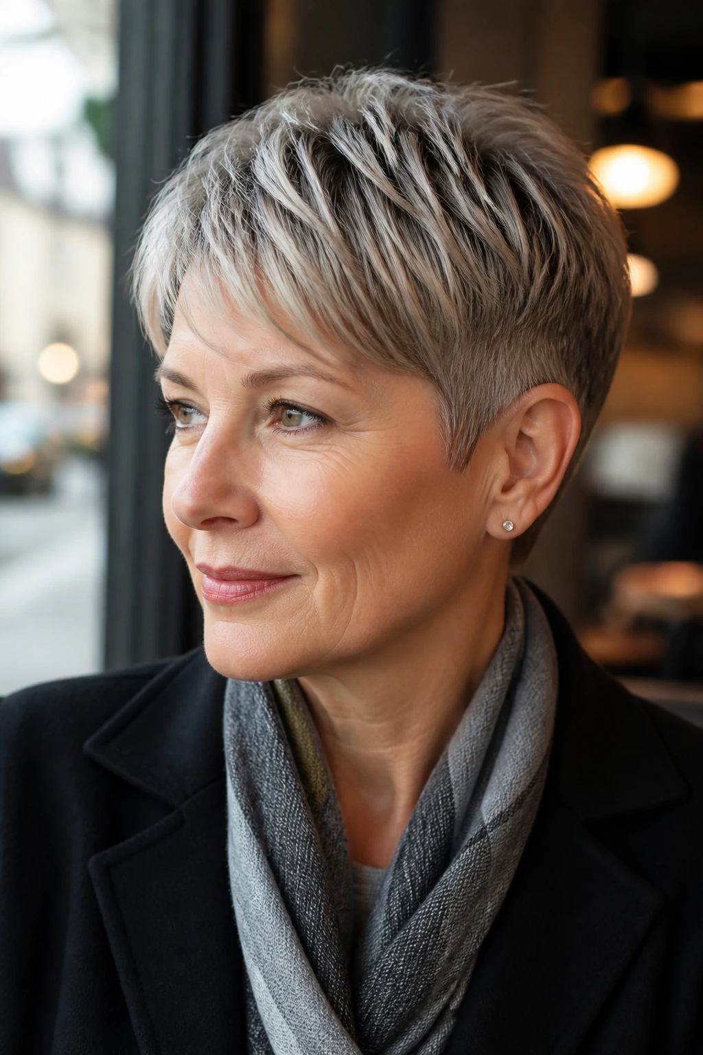 Real woman with tapered crop and cool ash streaks in daylight at a cafe window