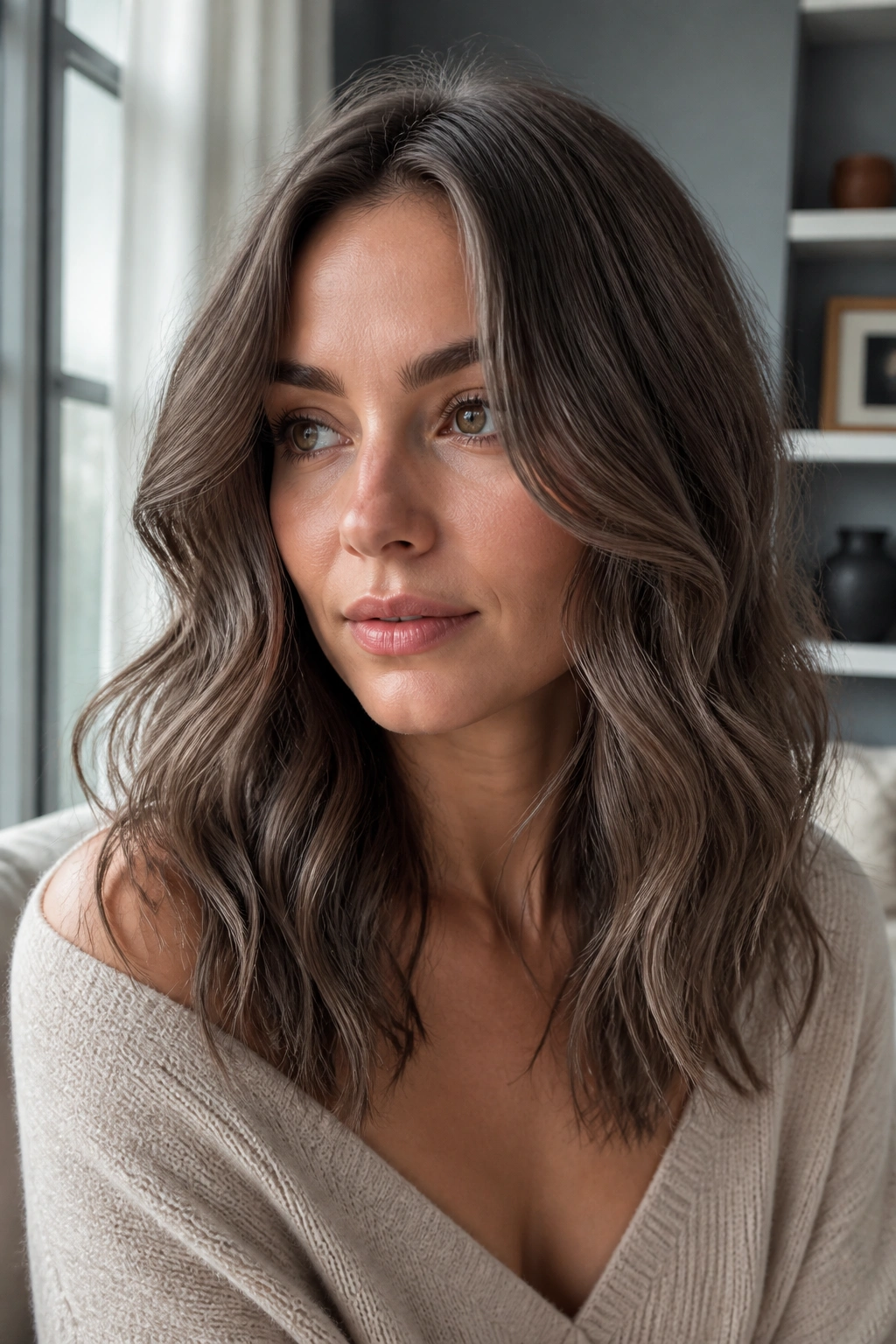 Close-up portrait of a real woman with cool ash brown wavy hair by a window