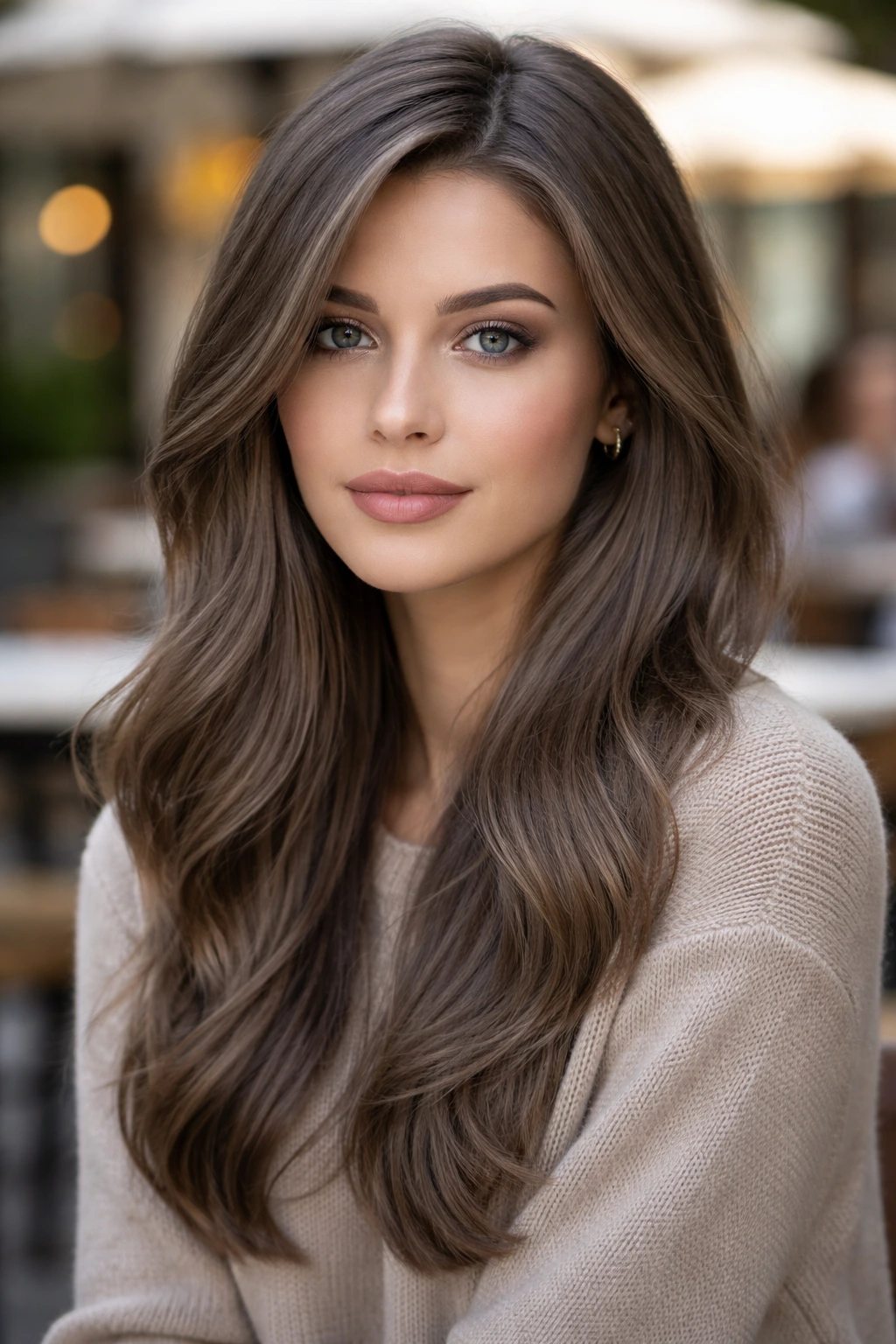 Close-up portrait of Cool Ash Mocha hair on a real person in daylight