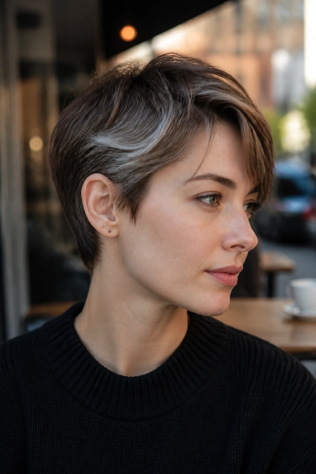 Short brown hair with cool ash panels near temples and crown