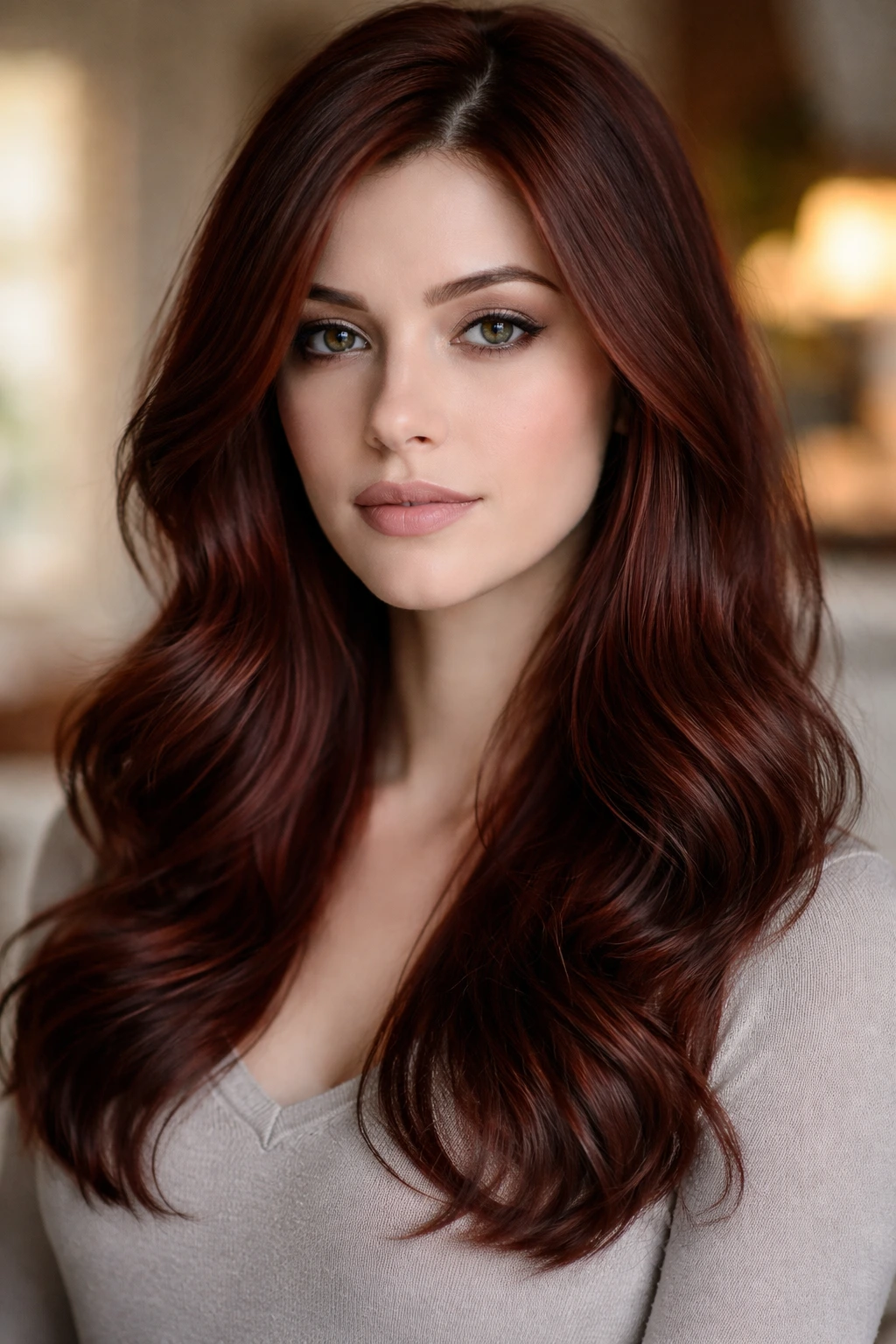 Close-up of a real person with cool brown-based auburn hair