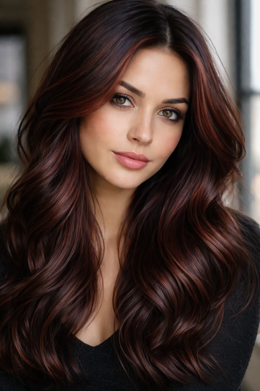 Close-up of a real person with cool-toned auburn highlights in mahogany/plum tones