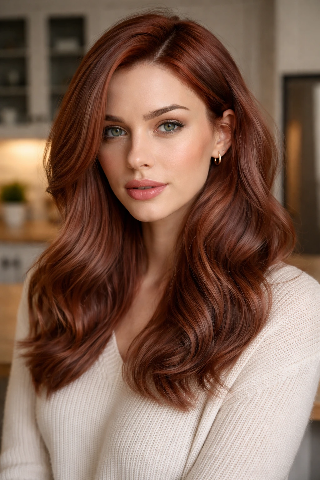 Close-up portrait of cool-base copper hair with violet undertones on a real person in daylight kitchen.