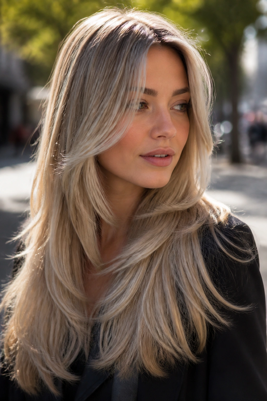 Real woman with cool beige ash blonde layered long hair.