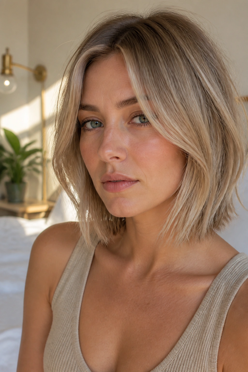 Close-up portrait of a real woman with a cool beige ash lob hairstyle in natural window light