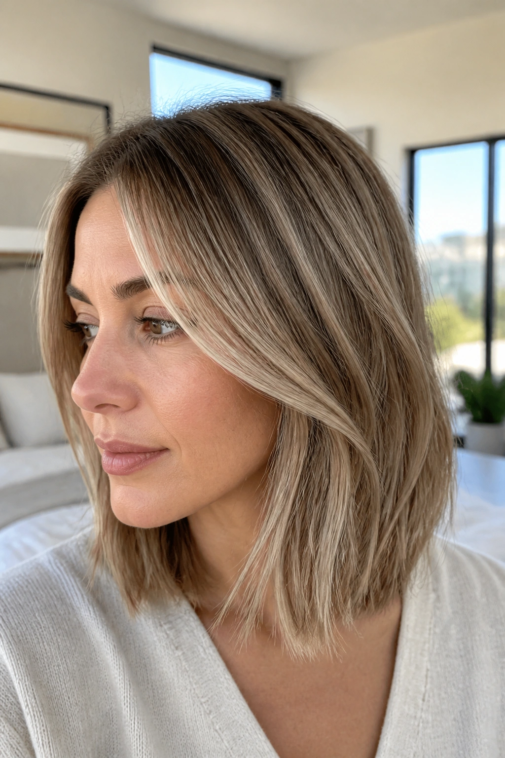 Close-up of a woman with cool beige balayage on fine hair in a bright room.