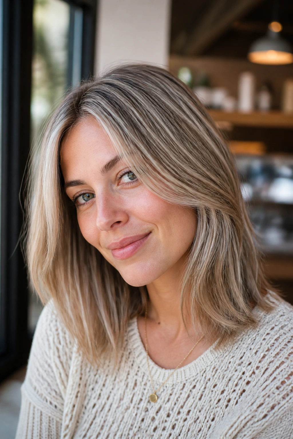 Close-up portrait of cool beige blonde with micro highlights and woven texture