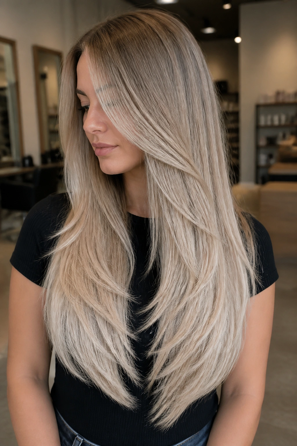 Real woman with cool beige blonde ombre and V-cut layers.