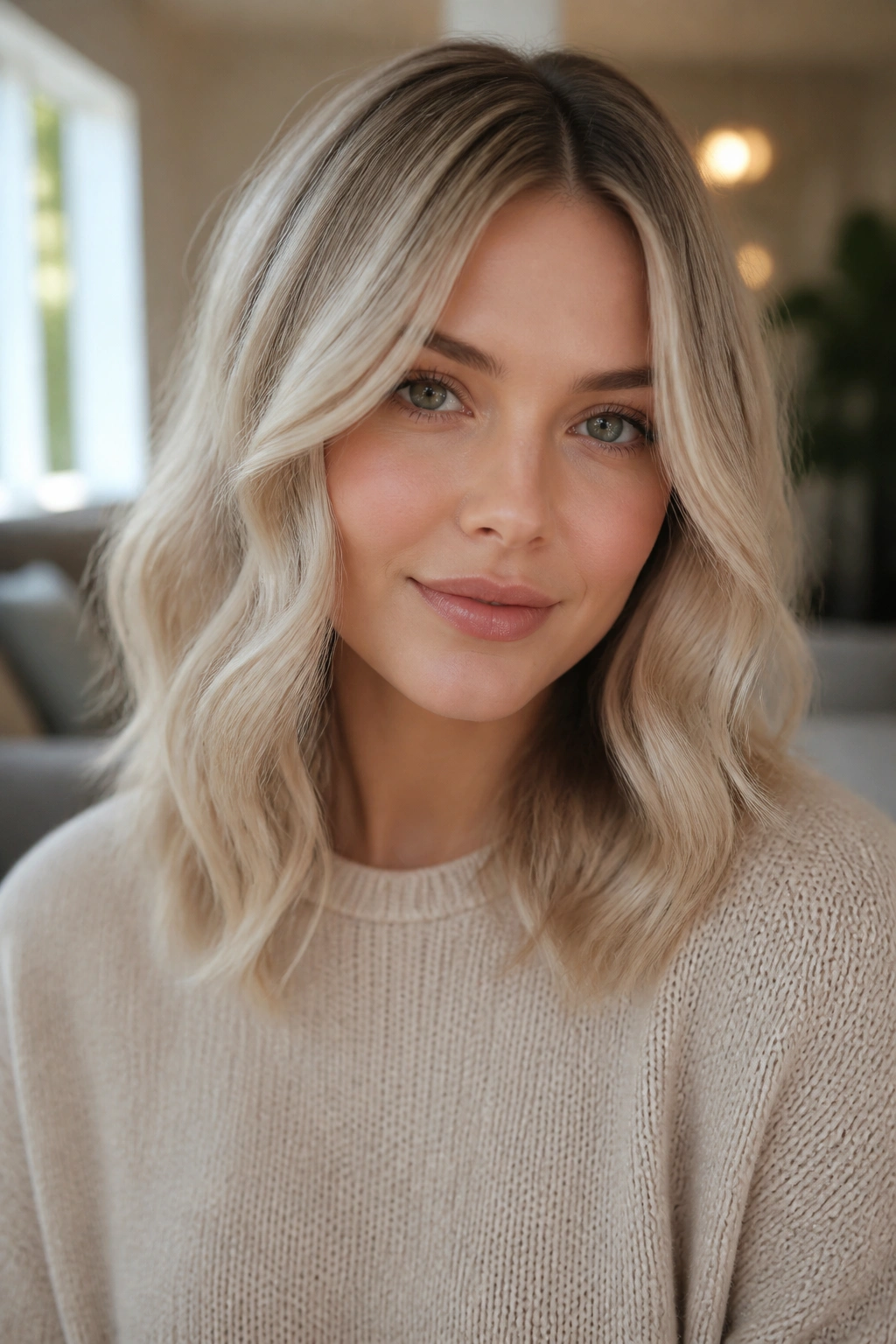 Close-up of a woman with cool beige blonde and a soft shadow root, natural light