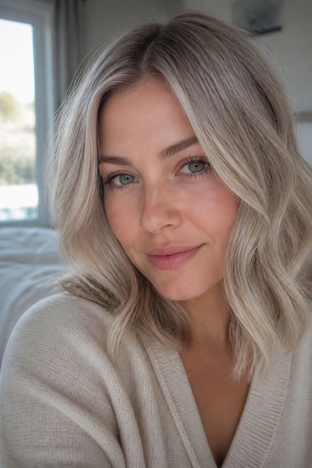 Close-up of real woman's head showing cool beige blonde with silver sheen hair.