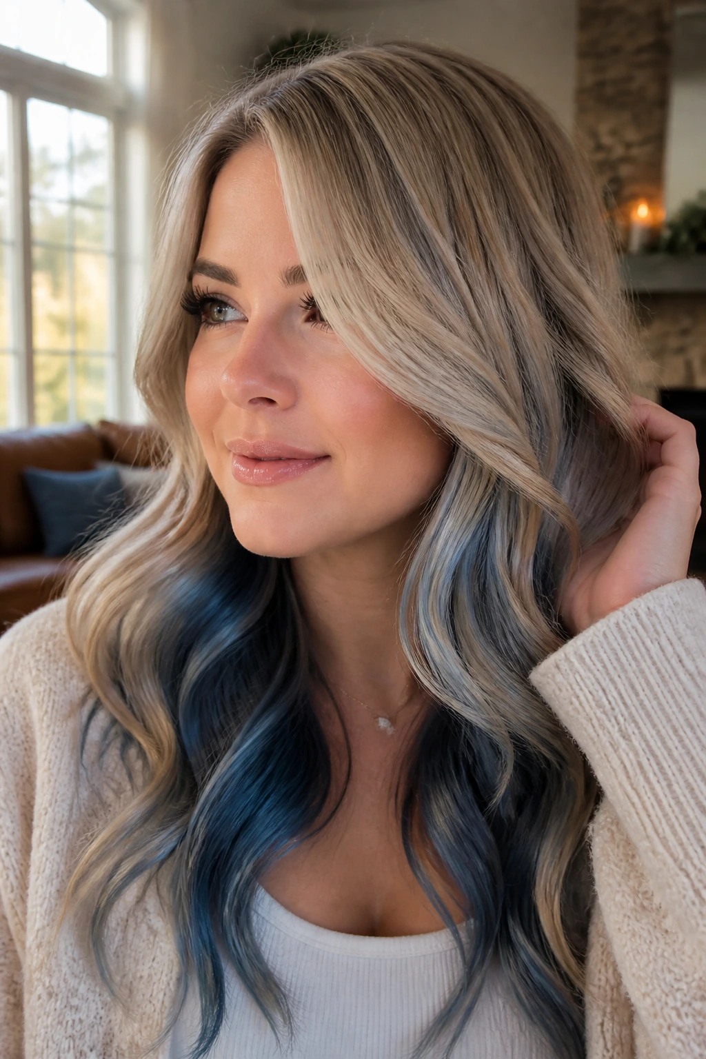 Close-up portrait of a real woman with cool beige blonde and smoky blue layers.