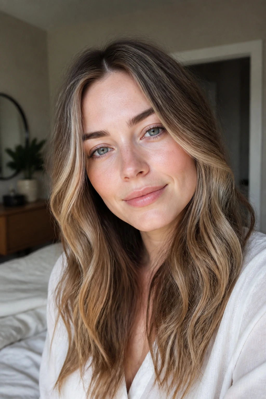 Portrait of a woman with cool beige bronde highlights for fair skin