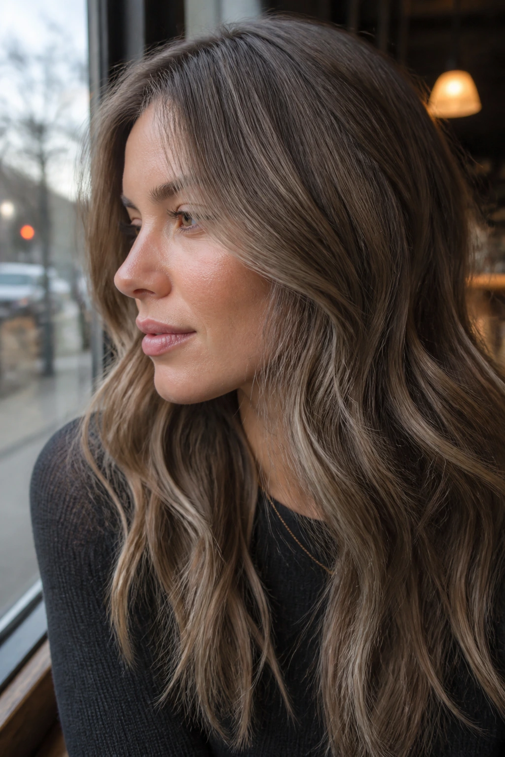 Close-up of beige brown hair with gray lowlights on a real woman.