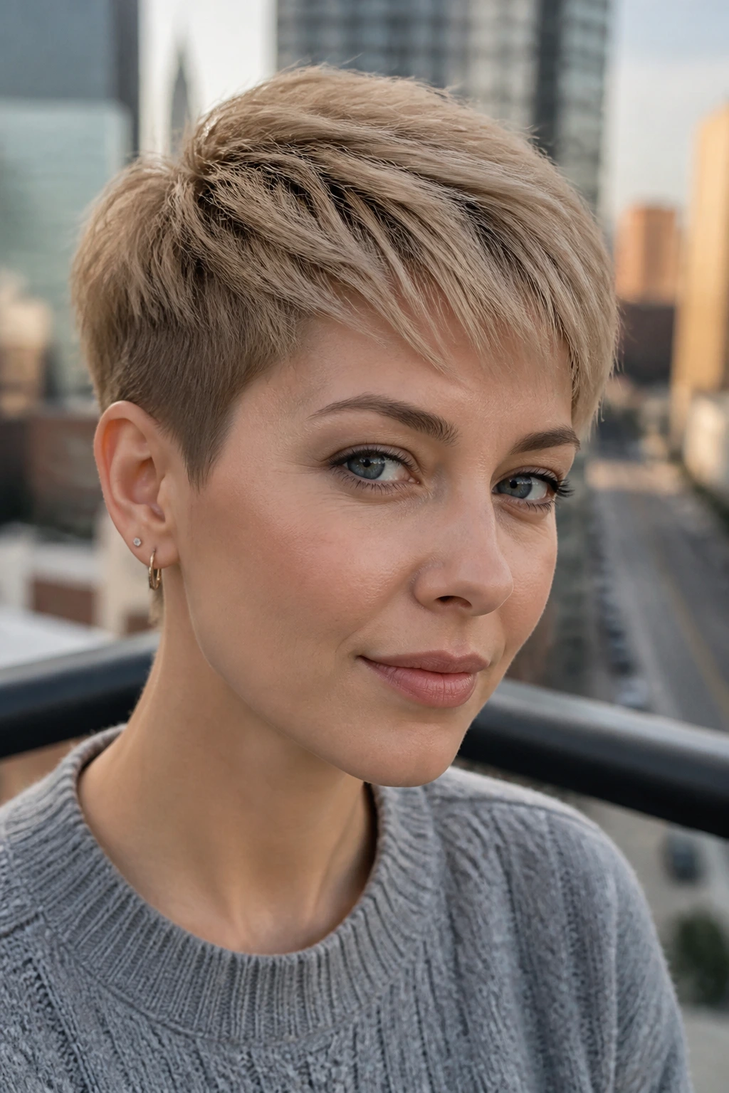 Close-up of a real person with Cool Beige Caramel Blonde Pixie hair.