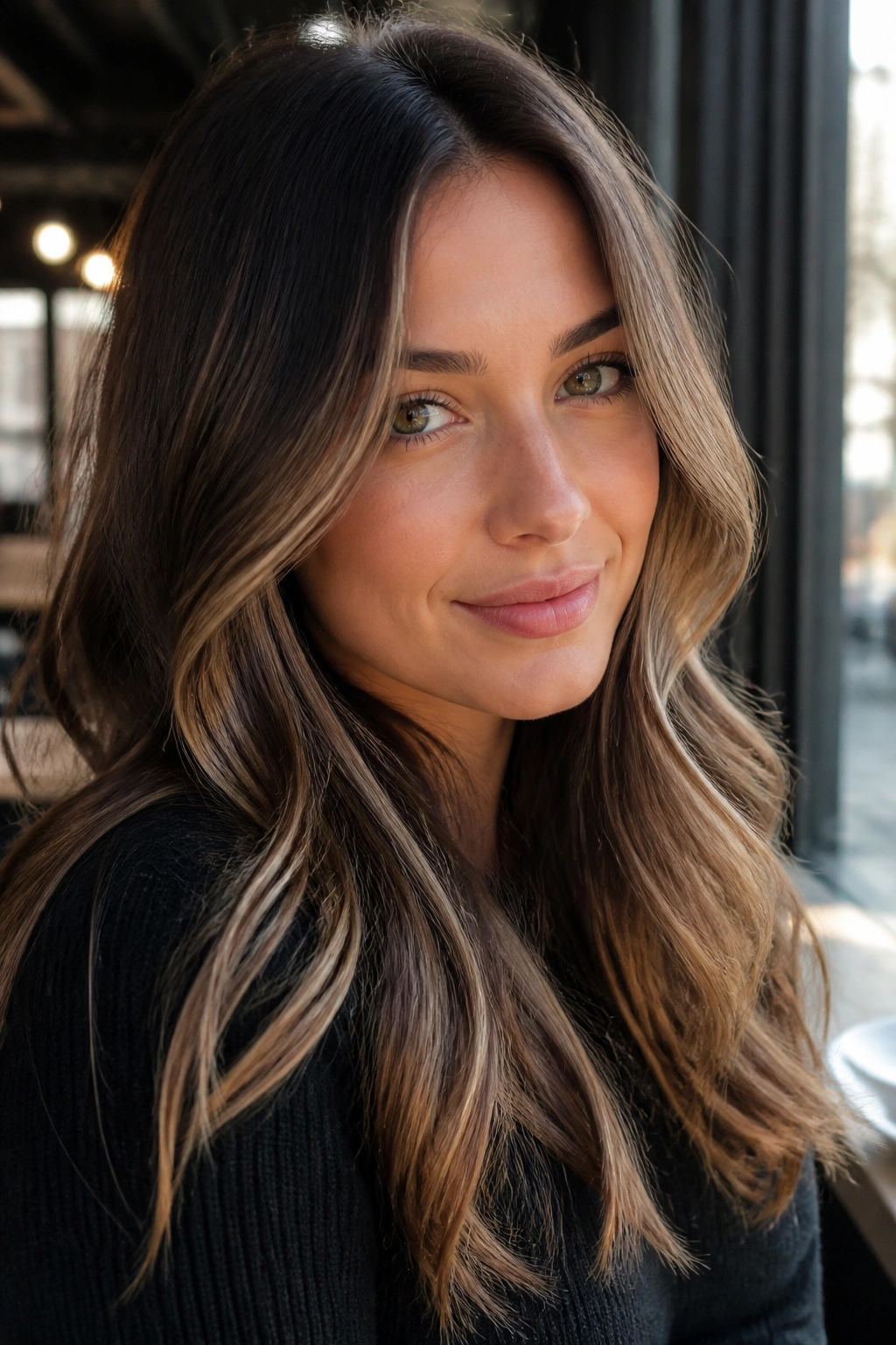 Portrait of woman with cool beige chestnut balayage and face-framing ribbons in natural light