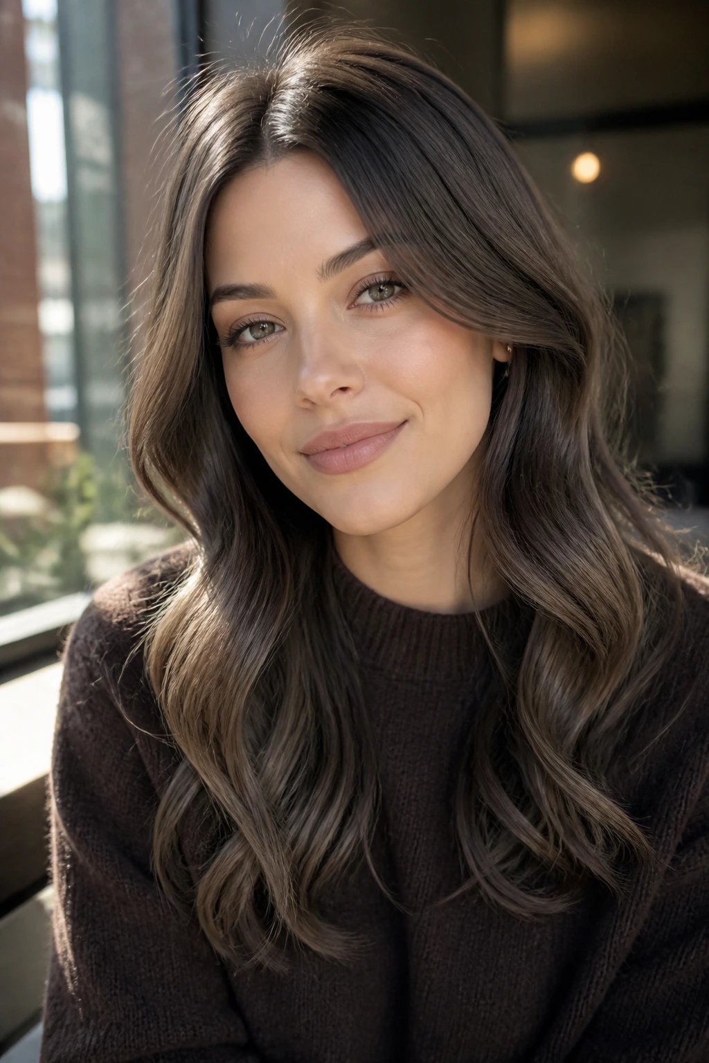 Beige ash brunette with cool undertone and soft waves
